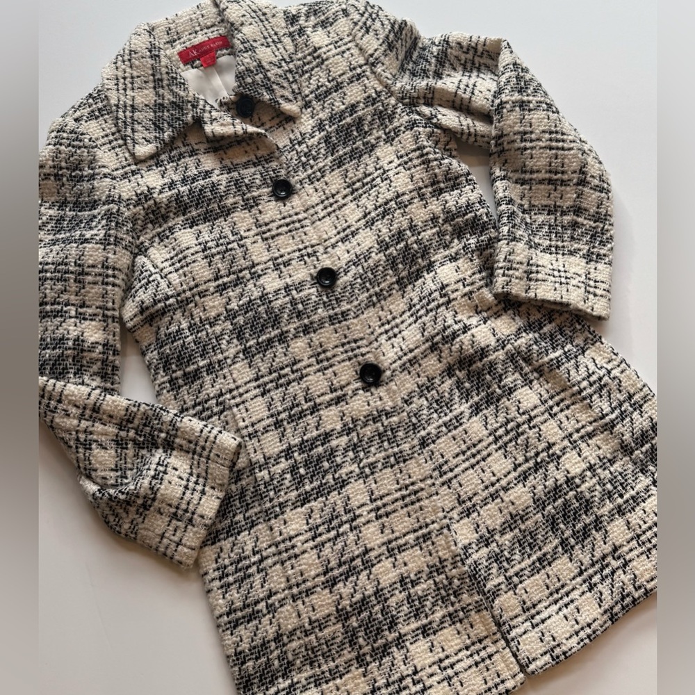 Ann Klein Women’s L Wool Blend Tweed Plaid Dress Coat Cream Black Lined Classic
